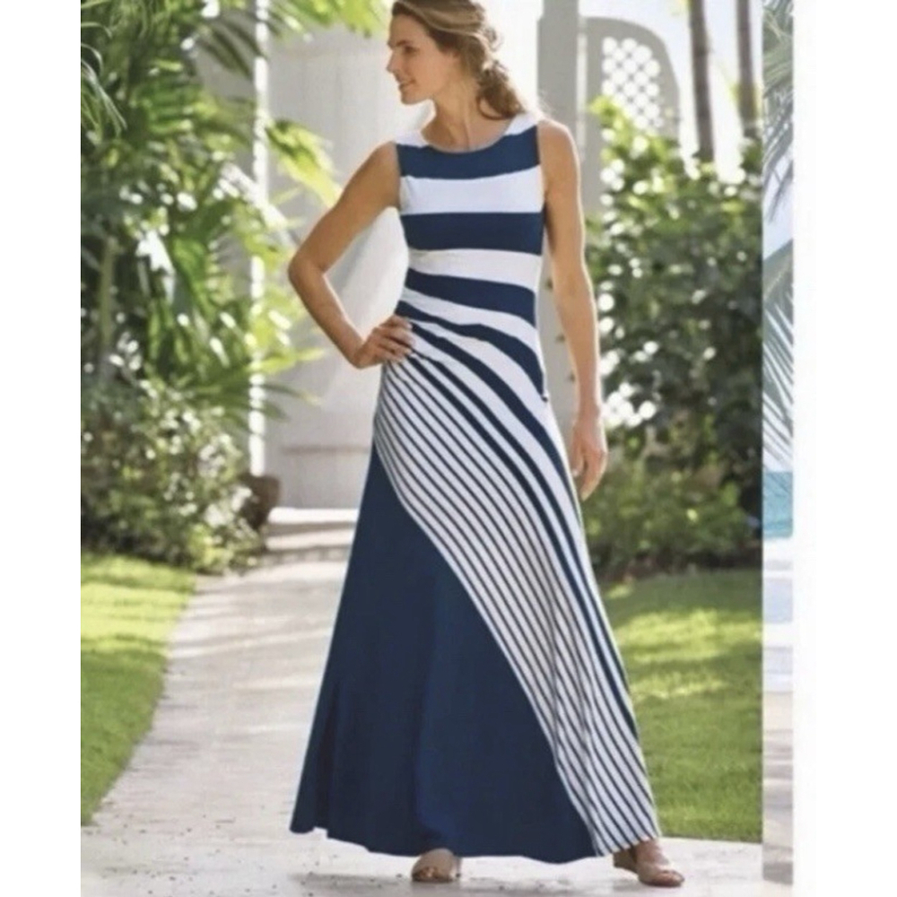 Soft Surroundings Here To Infinity Dress Sz M Blue White Maxi Striped Beach New